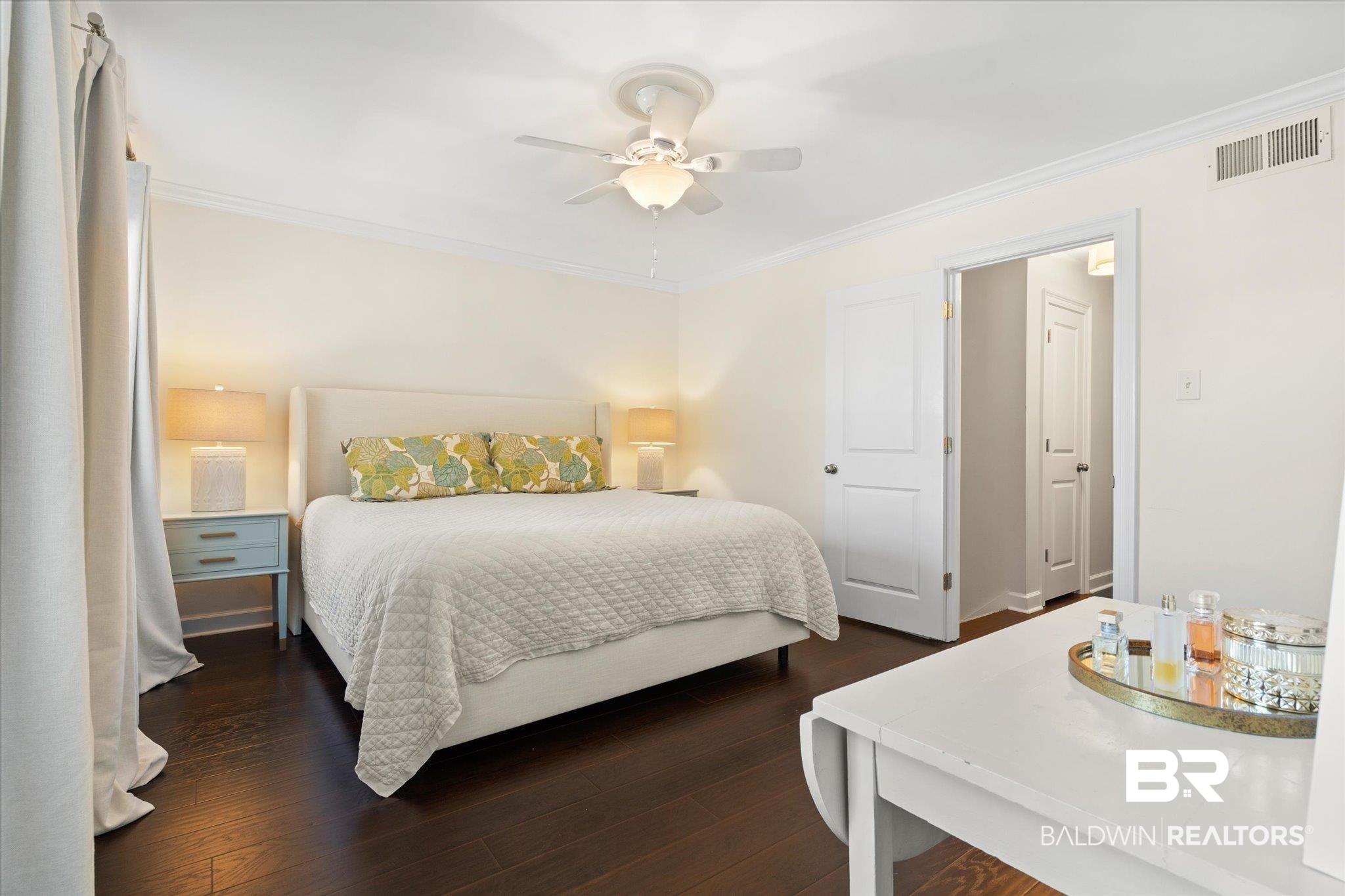 134 Du Rhu Drive, Unit E Mobile, AL 36608 - Photo 14 of 30 Bedroom featuring crown molding, dark hardwood / wood-style floors, and ceiling fan