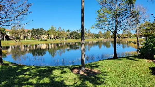 a view of a lake with a big yard and large trees