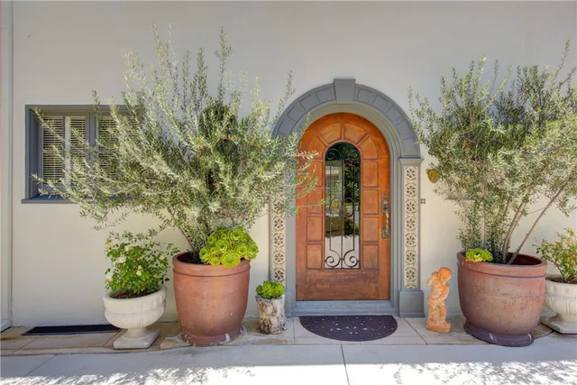 a view of a house with potted plants