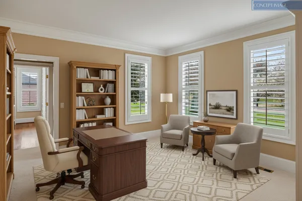 a bedroom with furniture and a fireplace