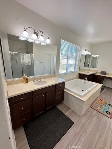 a bathroom with a double vanity sink a large mirror and a bathtub