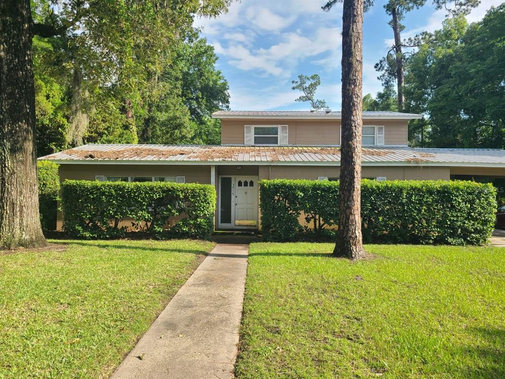 a view of a house with a yard potted plants and large tree