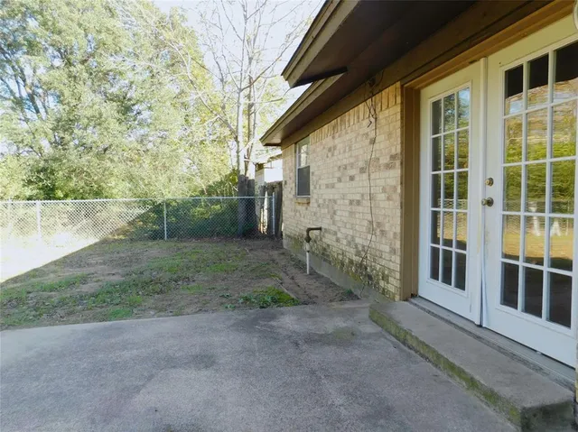 a view of a backyard with plants and large trees