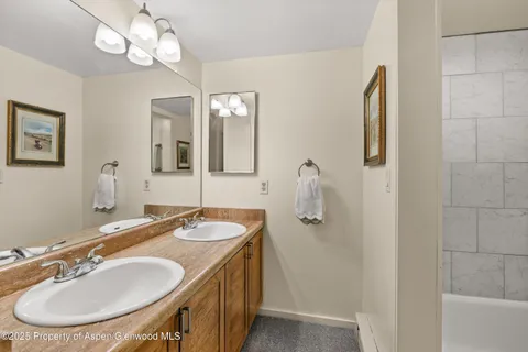 a bathroom with a sink a mirror and a shower