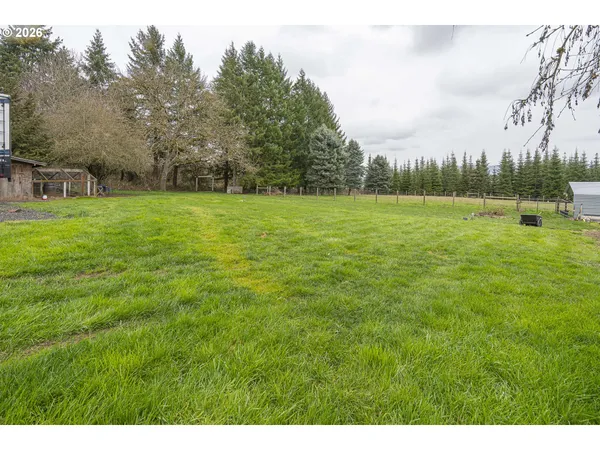a view of a field of grass and trees