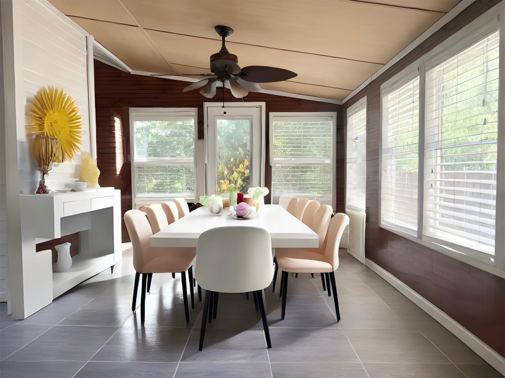 5611 Meadow Crest Austin, TX 78744 - Photo 21 of 26 Virtual Stage Dining space with vaulted ceiling, a ceiling fan, wooden walls, and tile patterned flooring