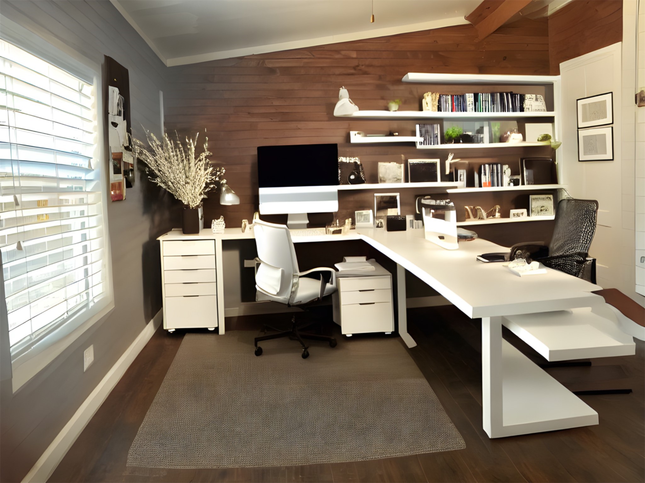 5611 Meadow Crest Austin, TX 78744 - Photo 23 of 26 virtual Stage Office space with lofted ceiling, dark wood-style flooring, and wood walls