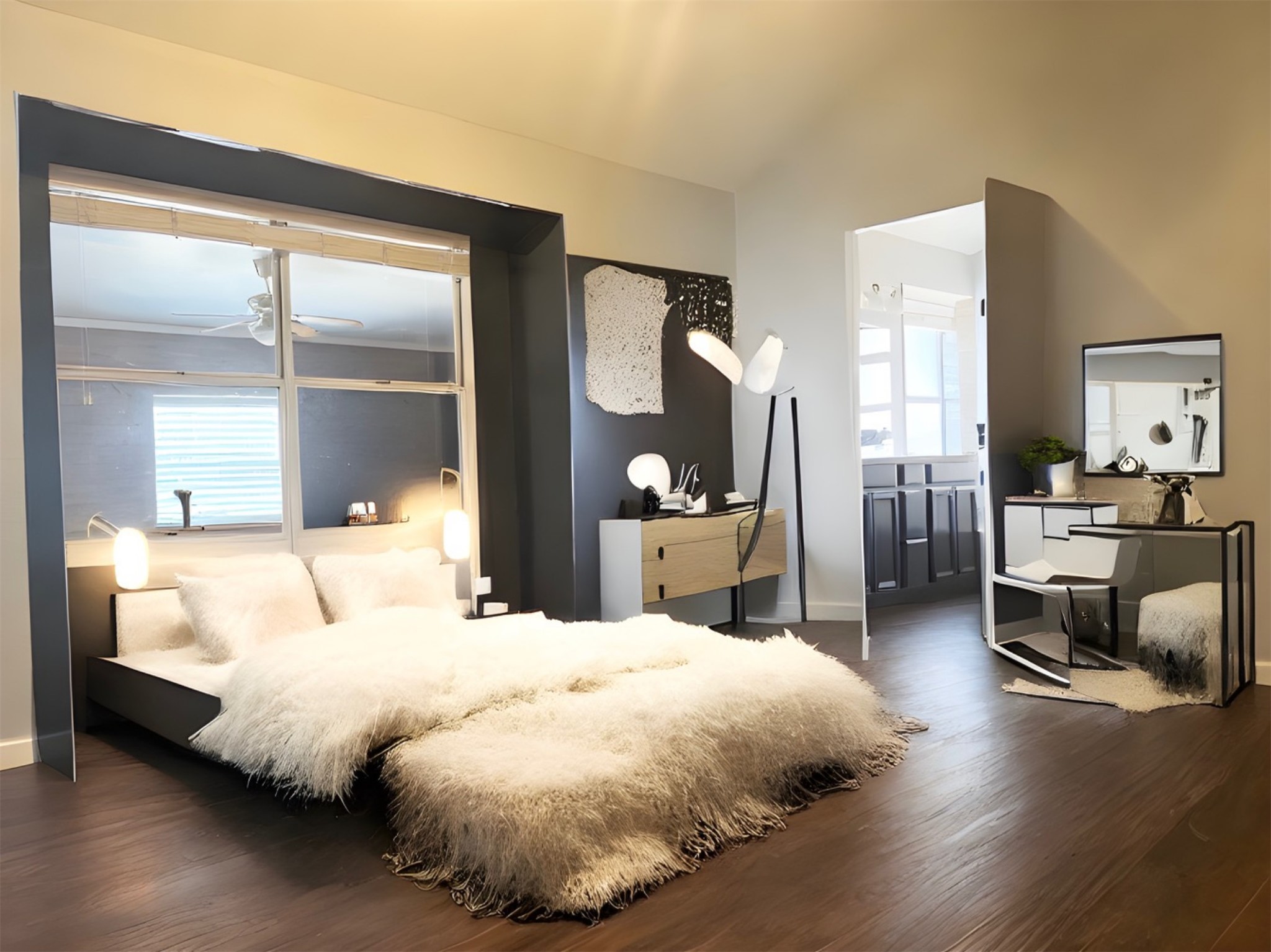 5611 Meadow Crest Austin, TX 78744 - Photo 10 of 26 Virtual Stage Master Bedroom featuring dark wood-style floors, ensuite bathroom, and multiple windows