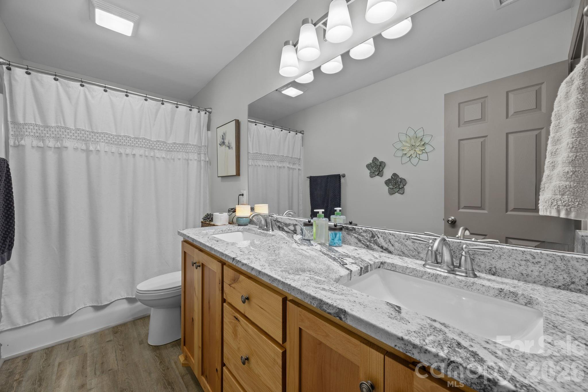 1464 State Rd S-46-996 York, SC 29745 - Photo 7 of 17 a bathroom with a granite countertop sink a toilet and a large mirror