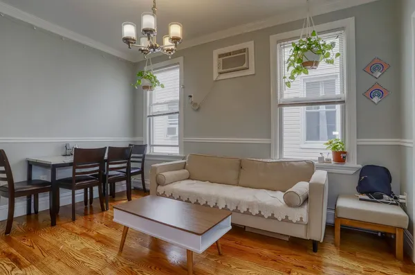 a living room with furniture a dining table and a potted plant