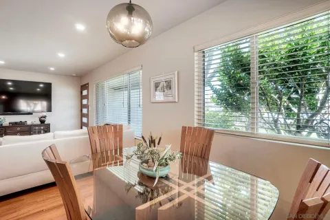 a view of a dining room with furniture window and outside view