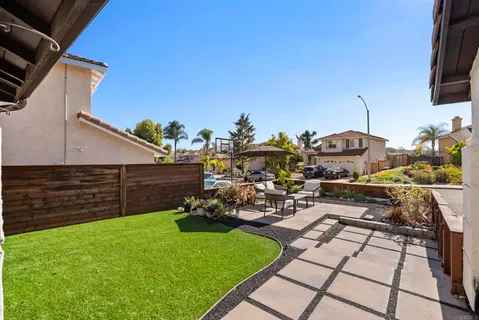 a view of a backyard with sitting area