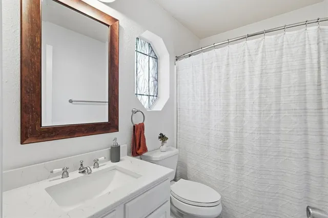 a bathroom with a sink a toilet and shower curtain