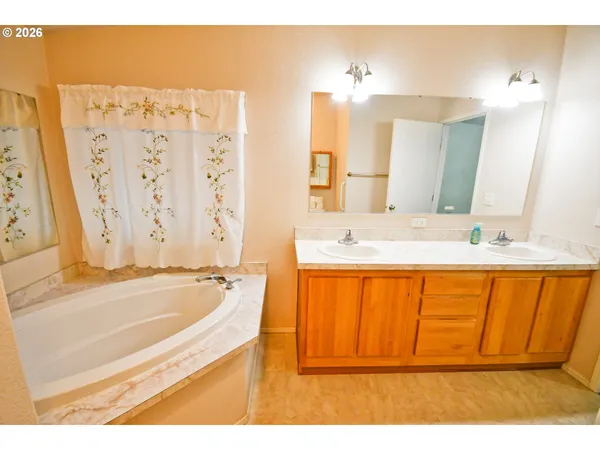 a bathroom with a tub a sink and a mirror