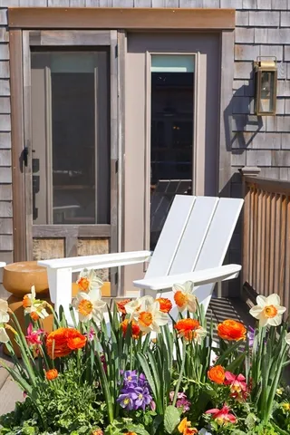 an outdoor space with furniture