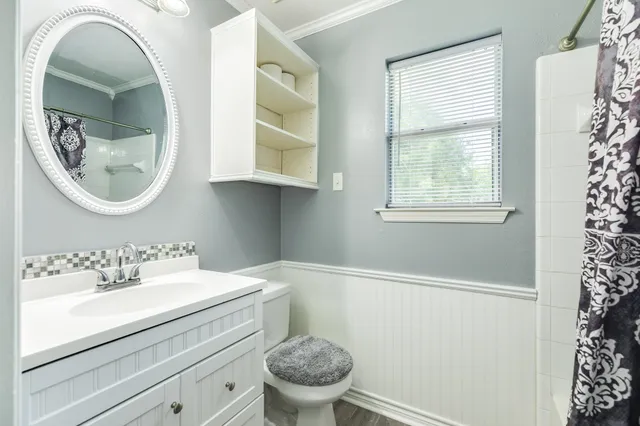 a bathroom with a sink toilet and mirror