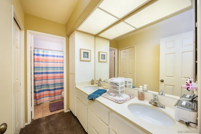 a bathroom with a sink a mirror and a shower