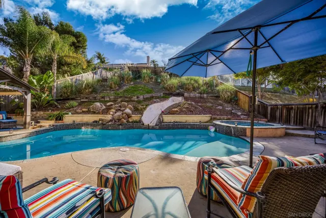 a view of a backyard with sitting area