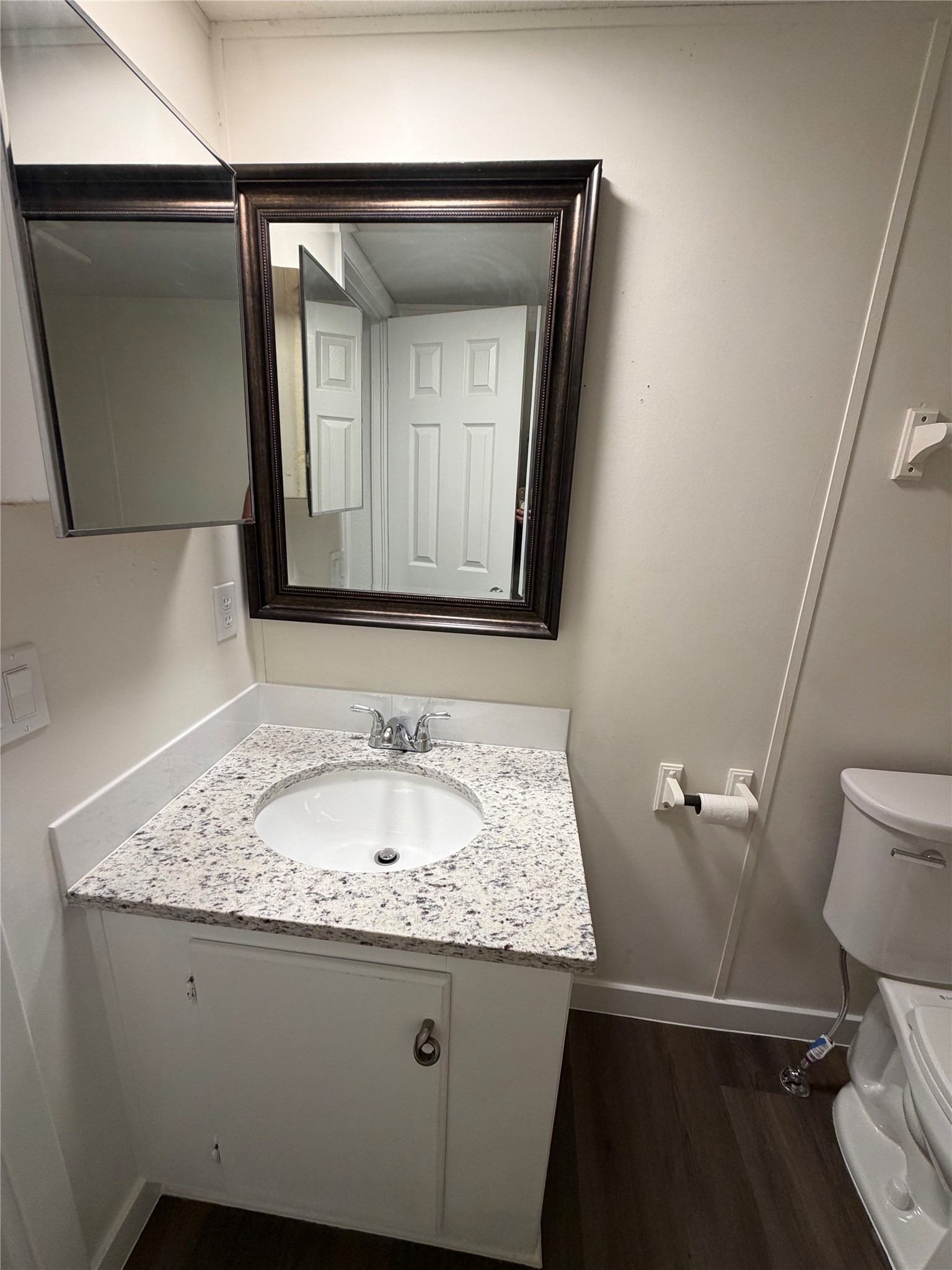 104 Castillo Street Kyle, TX 78640 - Photo 6 of 9 2nd bathroom Dark wood-look flooring contrasts beautifully with a light stone-counter vanity in this functional bathroom.