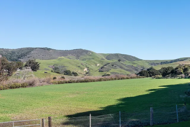a view of a lush green hillside and a building in the background