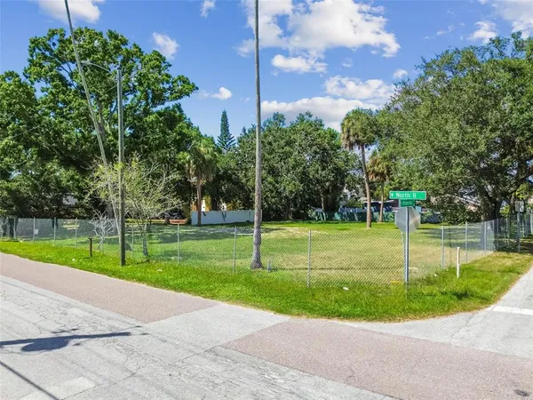 a view of a park with large trees