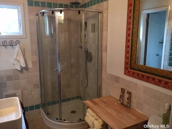 a bathroom with a shower a sink and a mirror