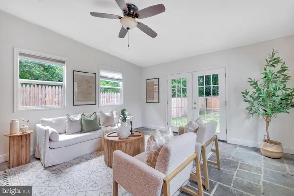 a living room with furniture and a potted plant