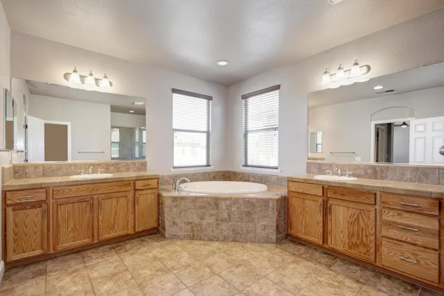 a bathroom with a granite countertop shower sink and mirror