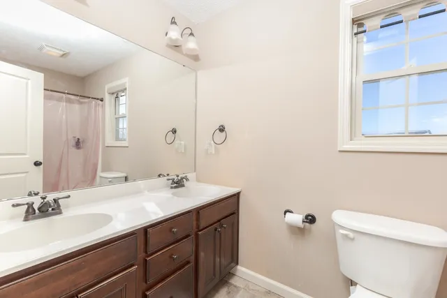 a bathroom with a double vanity sink toilet and a mirror