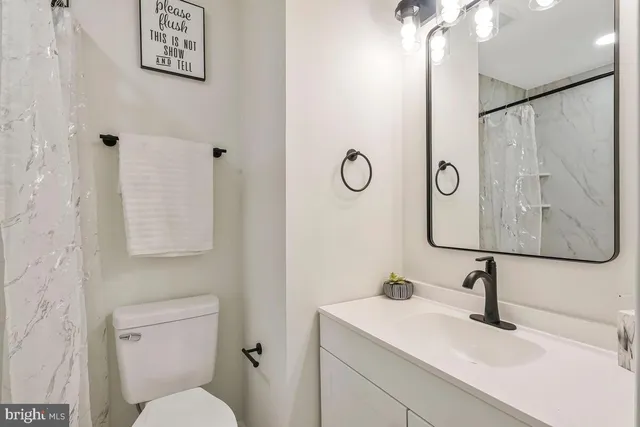 a bathroom with a sink a toilet and mirror