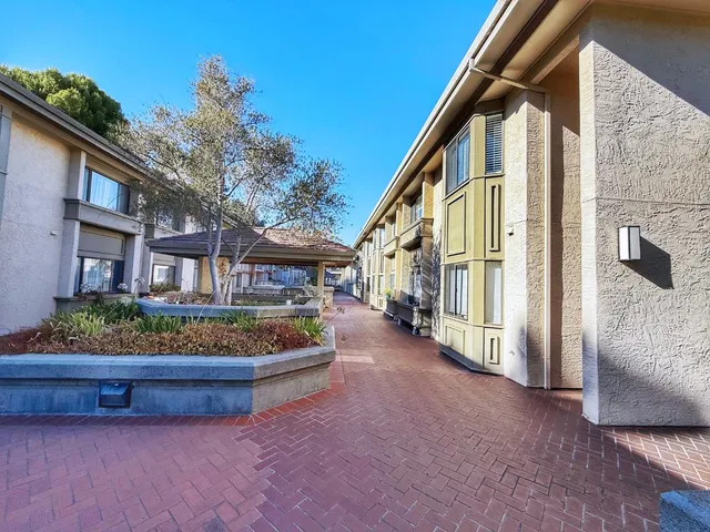 a view of a house with a yard and potted plants
