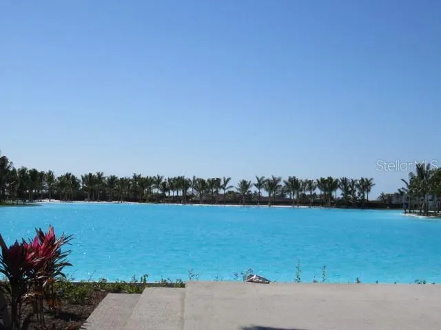 a view of a lake with a city