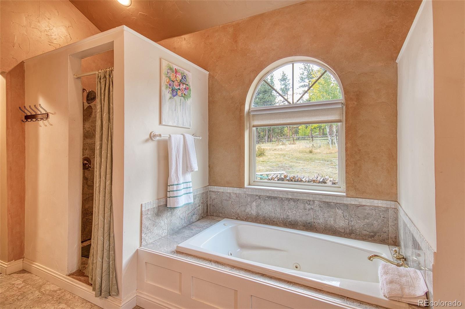 416 Conestoga Road Bailey, CO 80421 - Photo 19 of 40 a bathroom with a bathtub and a shower