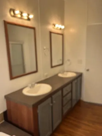 a bathroom with a double vanity sink and a mirror