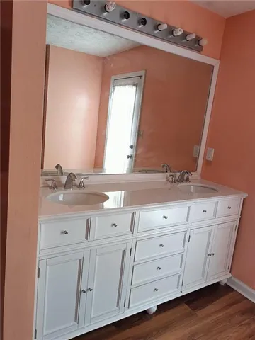 a bathroom with a sink and a mirror