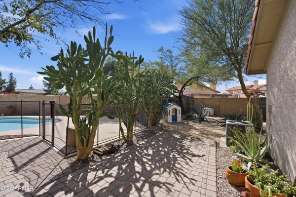 a view of backyard with table and chairs and potted plants