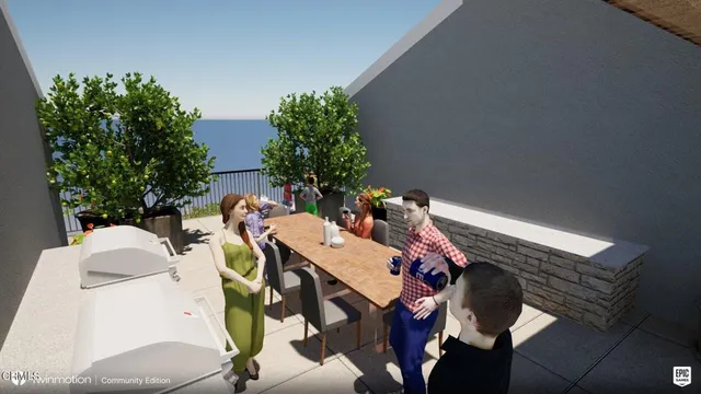 a view of a patio with table and chairs and potted plants
