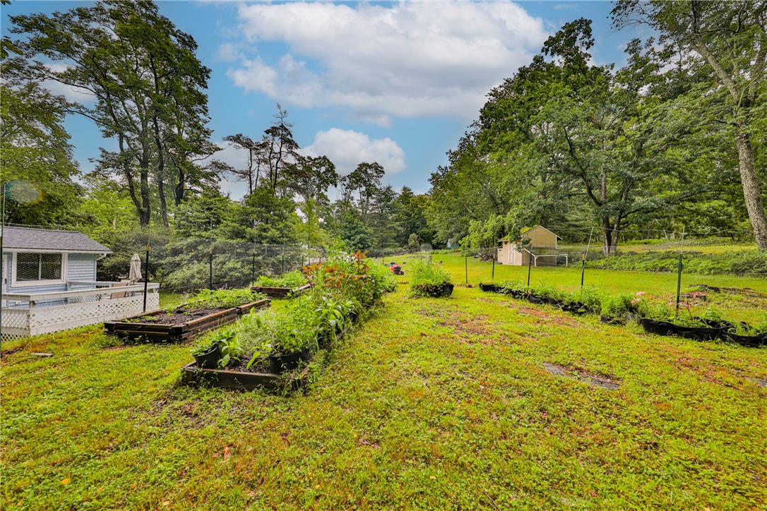 5599 Minks Pond Road Bushkill, PA 18324 - Photo 62 of 64 A spacious backyard retreat features raised garden beds and a distant storage shed, framed by abundant greenery.