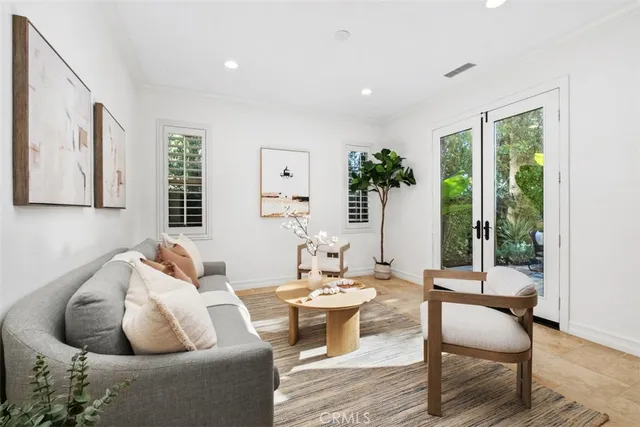 a living room with furniture and a potted plant