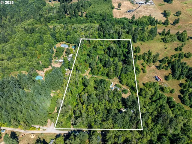 an aerial view of residential houses with outdoor space and trees