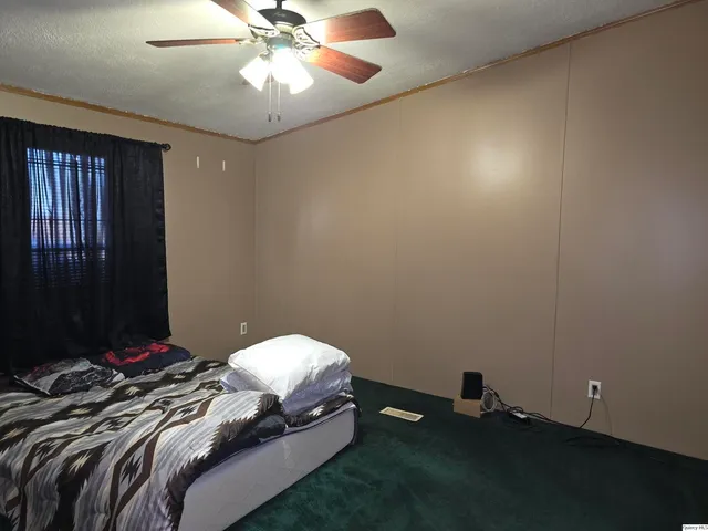 a bedroom with a bed and a chandelier fan