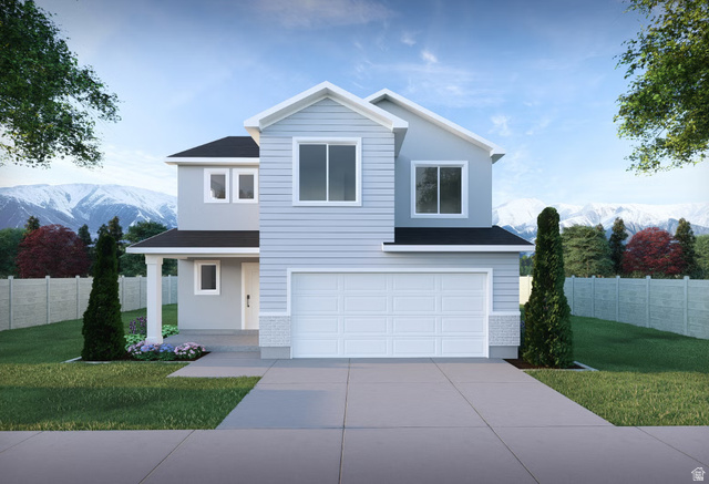 Two-story residence featuring light blue siding, a covered front porch with white columns, a two-car garage, and a concrete driveway