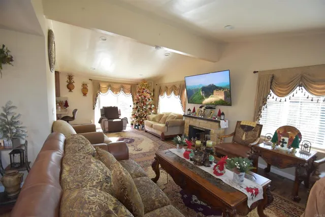 a living room with furniture a flat screen tv and a fireplace