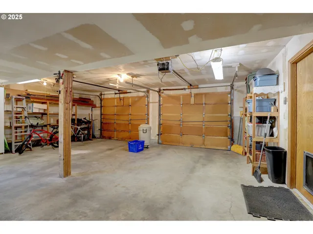 a view of a garage with storage