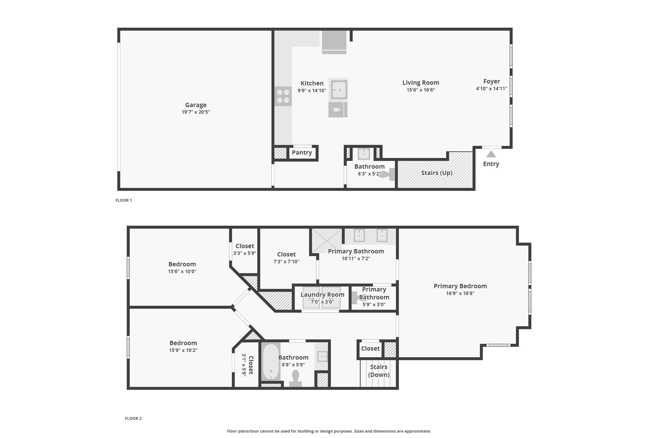9438 Caddo Ridge Lane Cypress, TX 77433 - Photo 38 of 38 This is a two-story floor plan. The first floor features a spacious garage, kitchen with a pantry, living room, foyer, and a small bathroom. The second floor includes a primary bedroom with an en-suite bathroom, two additional bedrooms, a shared bathroom, and a laundry room.
