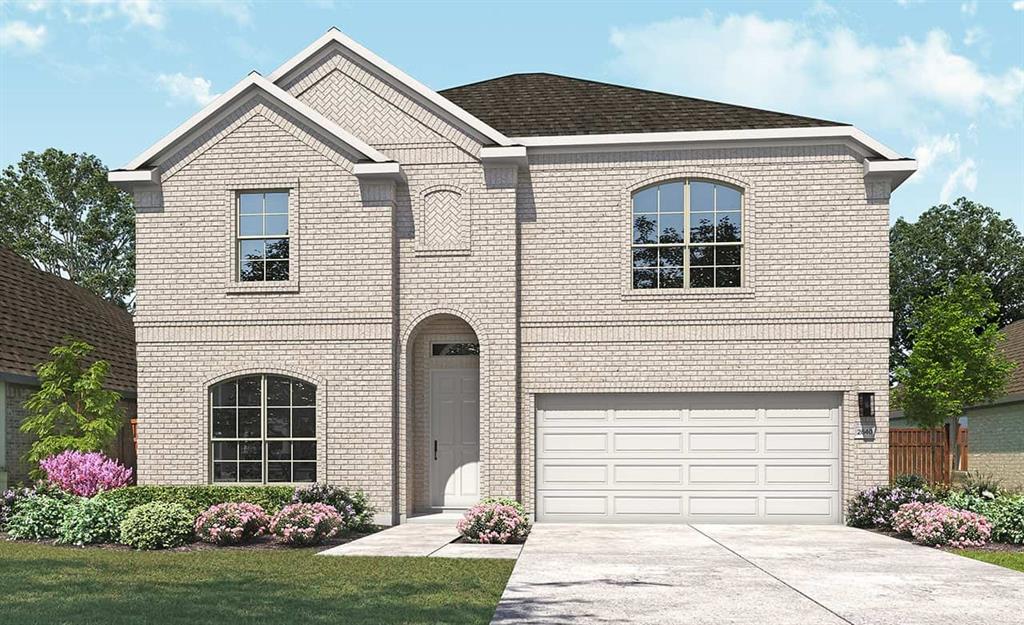2845 Taylor Trail Corinth, TX 76210 - Photo 1 of 14 Two-story residence featuring a light brick exterior, an arched entryway, and an attached two-car garage