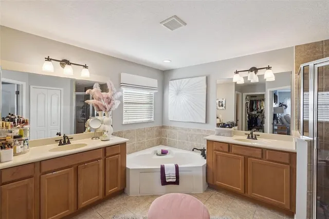 a bathroom with a tub a double vanity sink and mirror