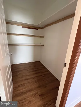 a view of closet with wooden floor
