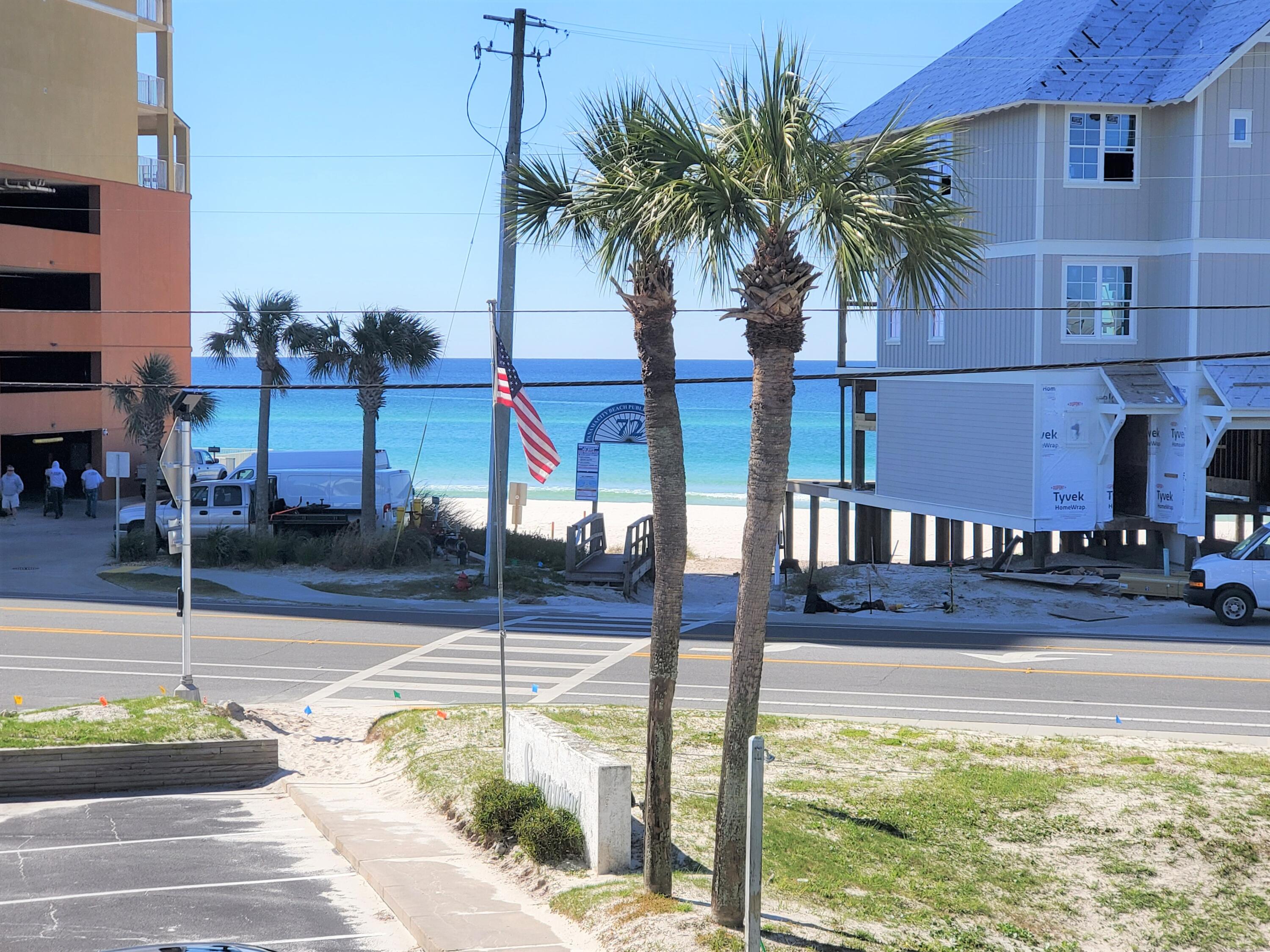 a view of swimming pool with lawn chairs and palm tree