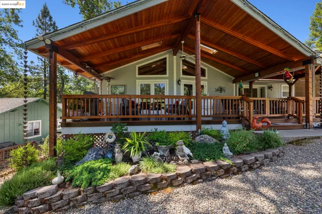 a view of a backyard with plants and a patio